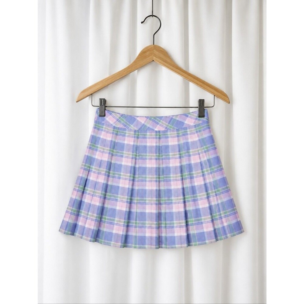 Sunday Best by Aritzia Preppy Soft Pastel Plaid Pleated A-line Mini Skirt